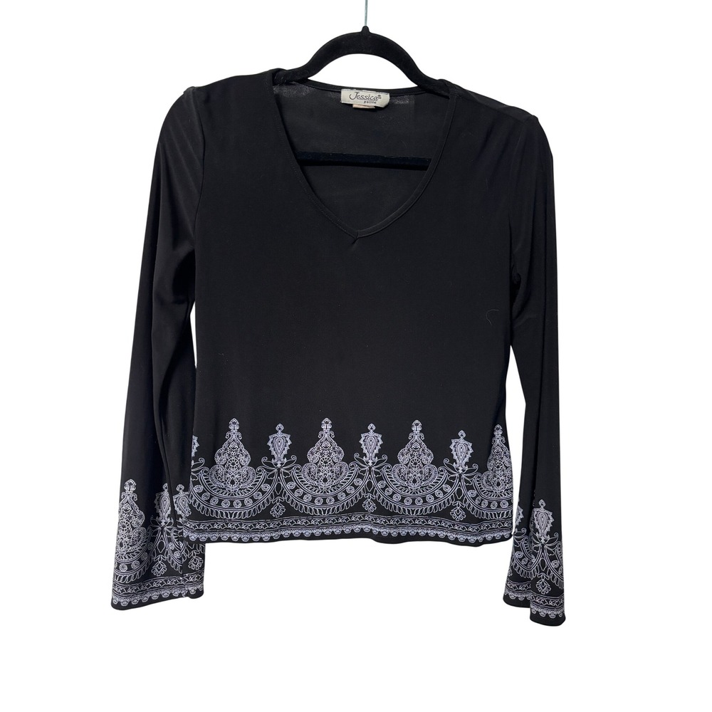 Jessica Petite Black Paisley Border Print Long Sleeve V-Neck Top Y2K Whimsigoth